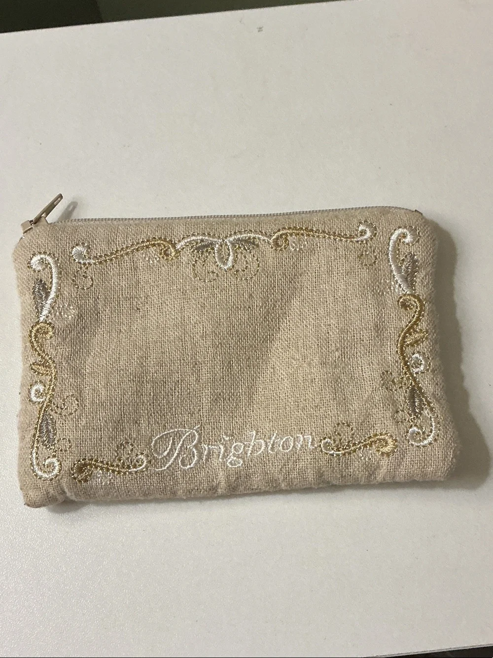 Brighton Beige Embroidered Cosmetic Small Pouch Coin Wallet Purse Gold White EUC